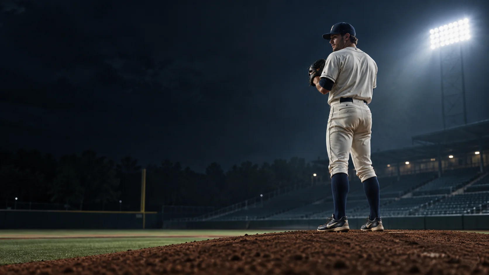 Baseball pitcher ready on the mound beneath stadium lights